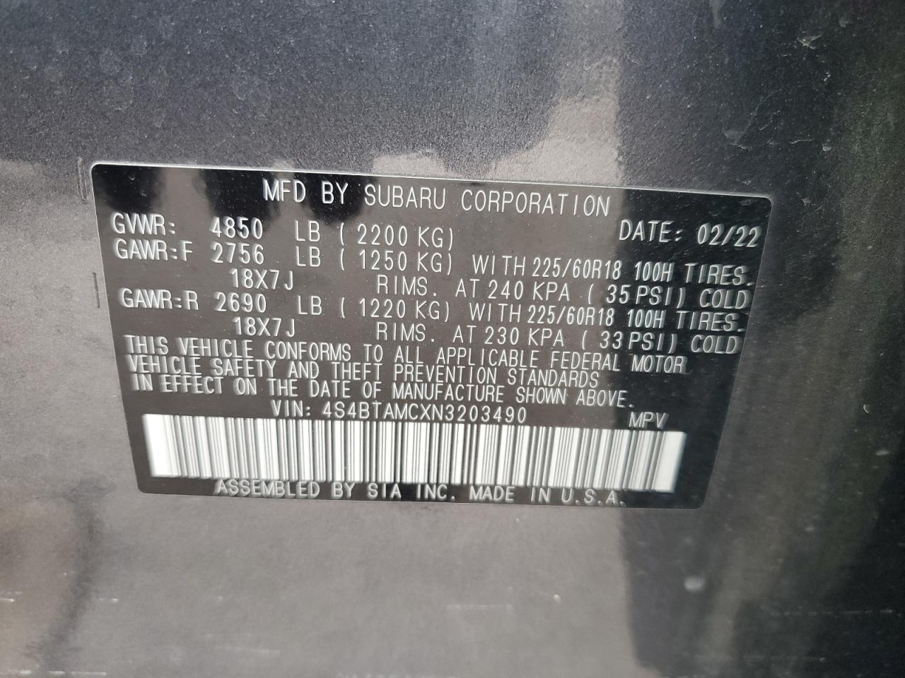 2022 SUBARU OUTBACK LIMITED VIN:4S4BTAMCXN3203490