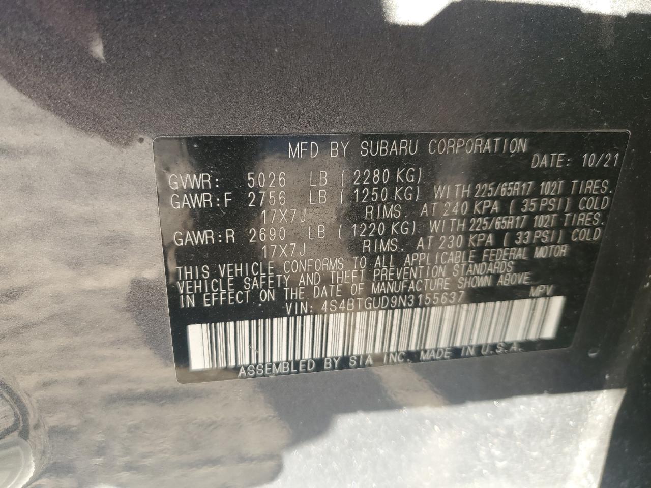 2022 SUBARU OUTBACK WILDERNESS VIN:4S4BTGUD9N3155637