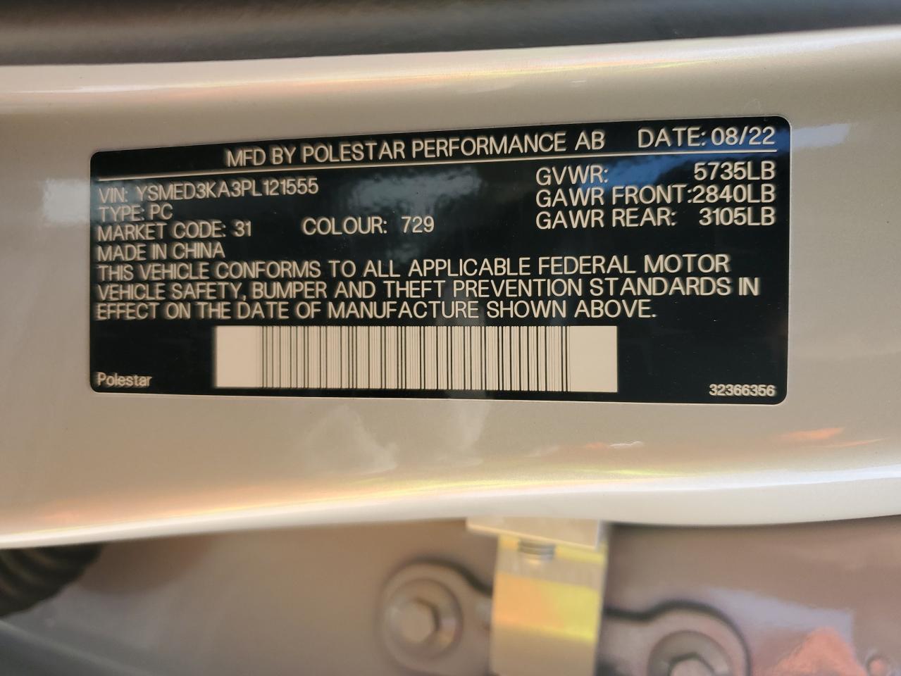2023 POLESTAR 2 VIN:YSMED3KA3PL121555