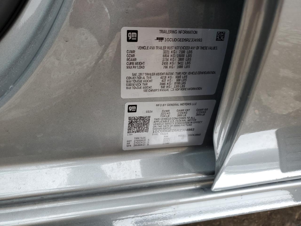 2024 CHEVROLET SILVERADO K1500 LTZ VIN:1GCUDGED5RZ304993