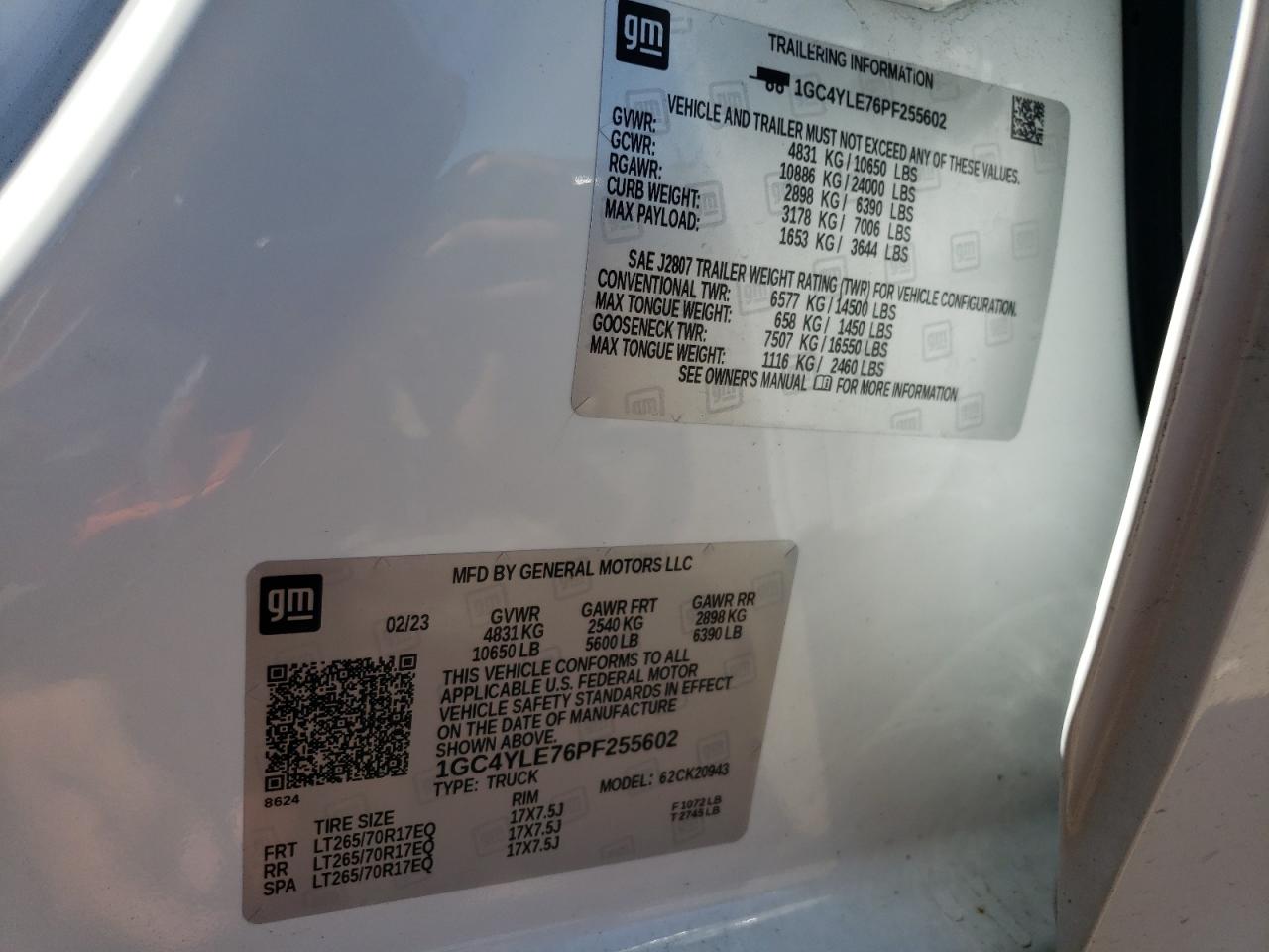 2023 CHEVROLET SILVERADO K2500 HEAVY DUTY VIN:1GC4YLE76PF255602