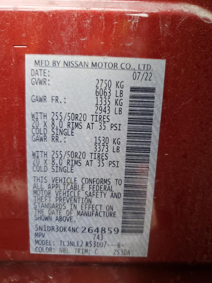 2022 NISSAN PATHFINDER PLATINUM VIN:5N1DR3DK4NC264859