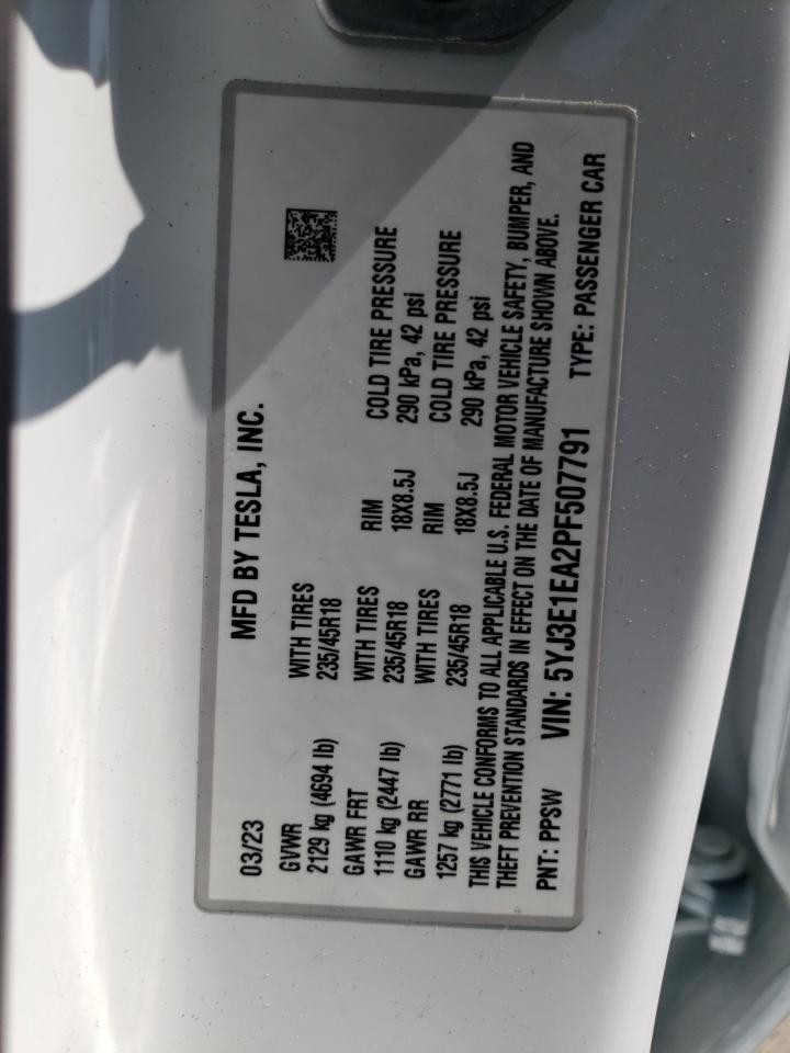 2023 TESLA MODEL 3 VIN:5YJ3E1EA2PF507791