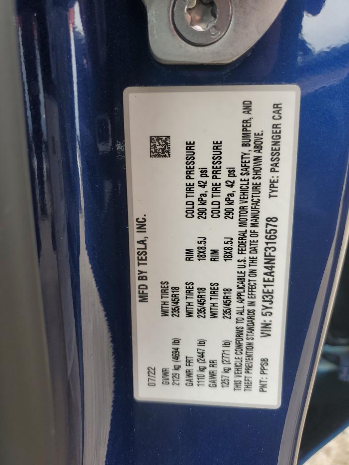 2022 TESLA MODEL 3 VIN:5YJ3E1EA4NF316578
