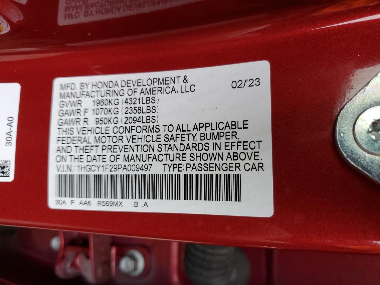 2023 HONDA ACCORD LX VIN:1HGCY1F29PA009497