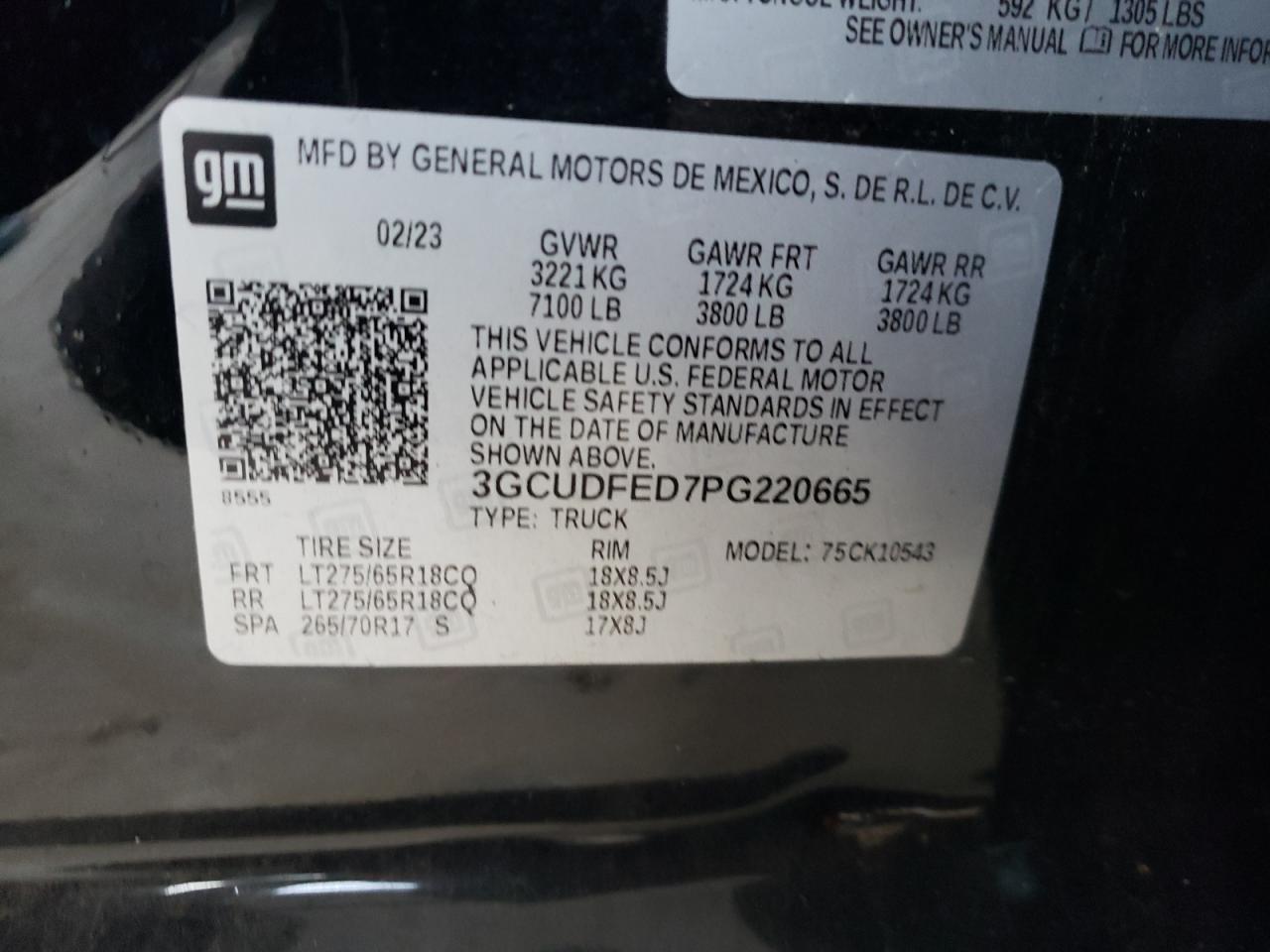 2023 CHEVROLET SILVERADO K1500 LT TRAIL BOSS VIN:3GCUDFED7PG220665