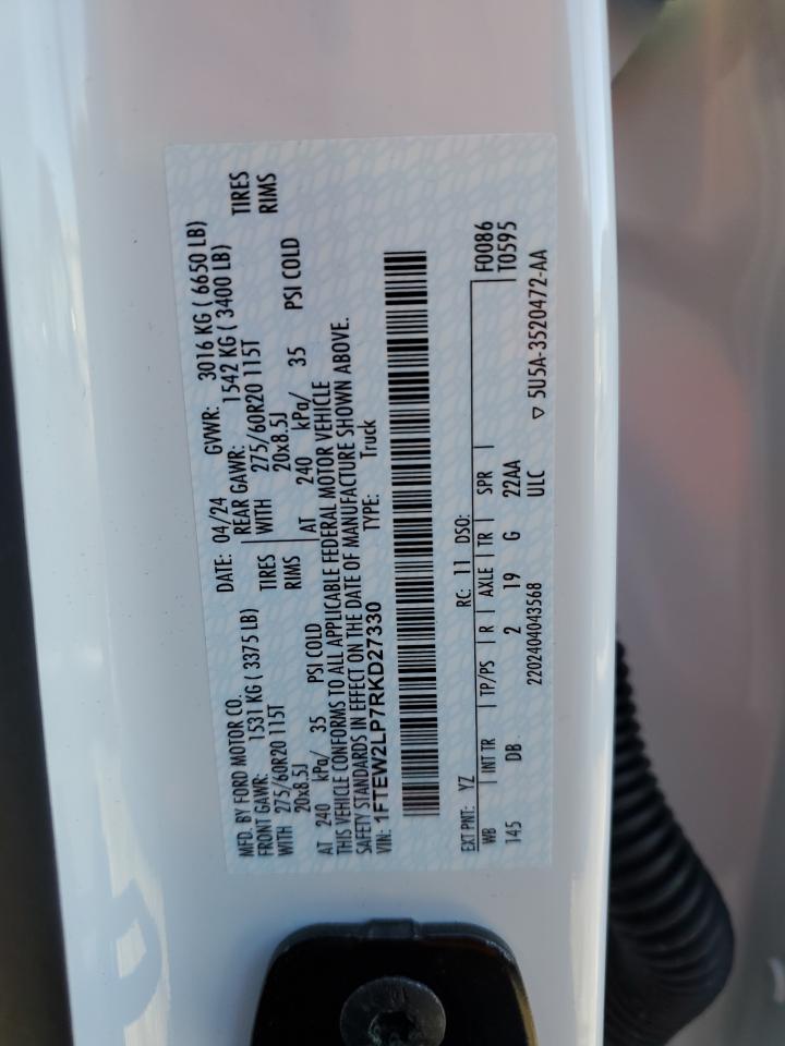 2024 FORD F150 STX VIN:1FTEW2LP7RKD27330
