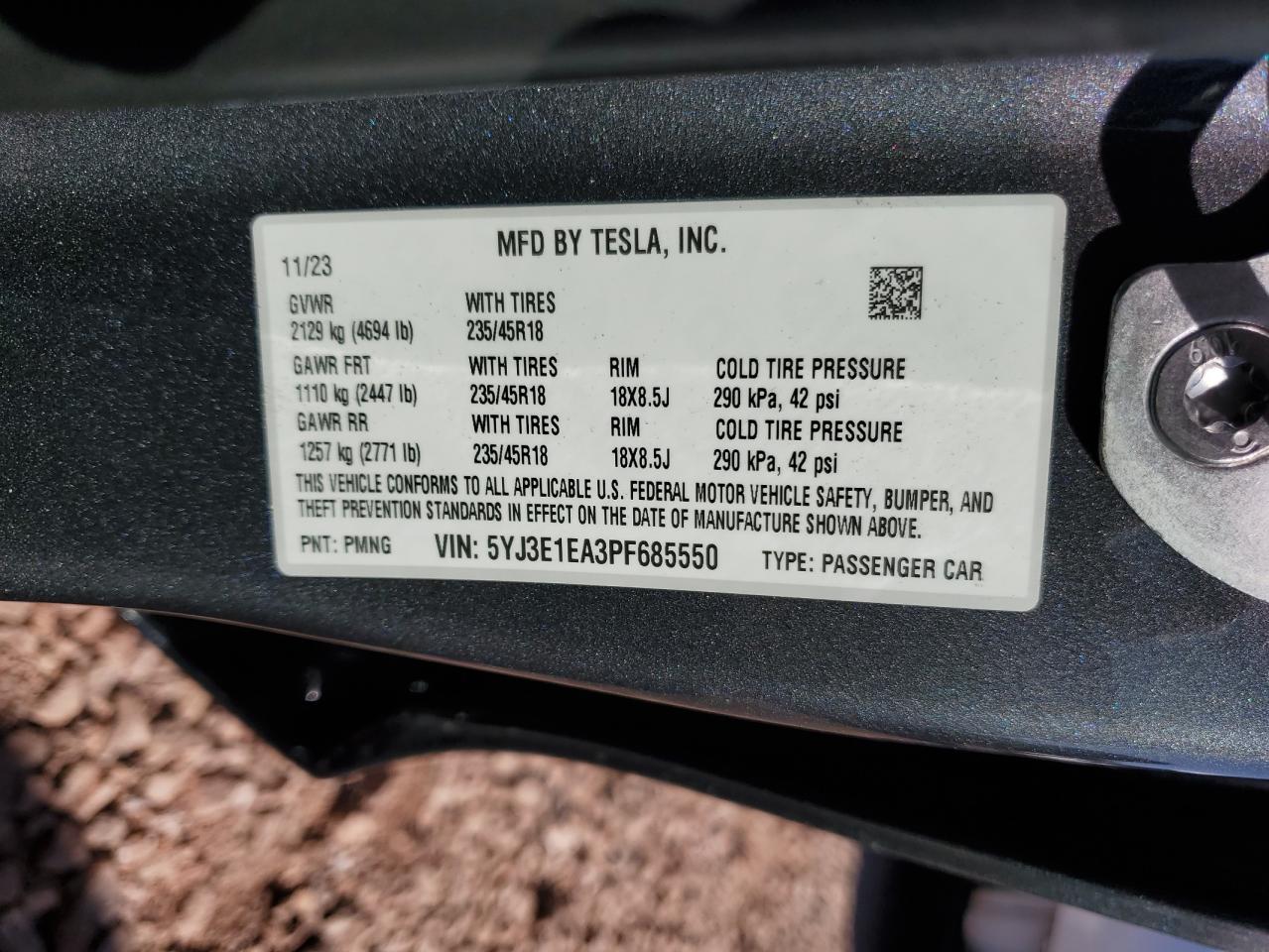 2023 TESLA MODEL 3 VIN:5YJ3E1EA3PF685550
