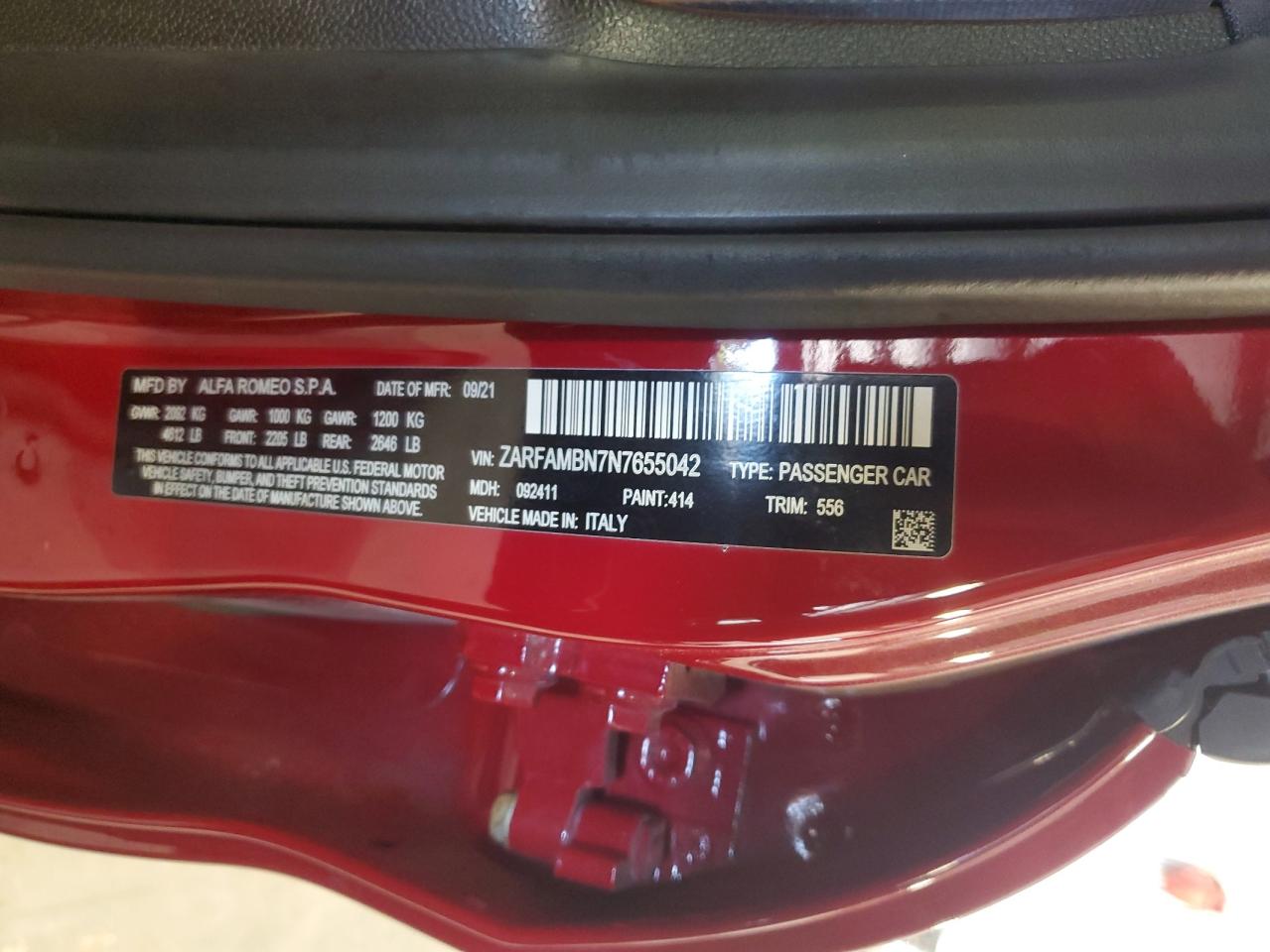 2022 ALFA ROMEO GIULIA SUPER VIN:ZARFAMBN7N7655042