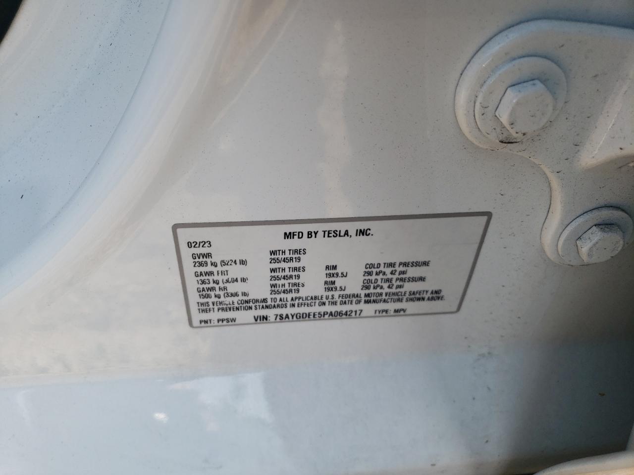 2023 TESLA MODEL Y VIN:7SAYGDEE5PA064217