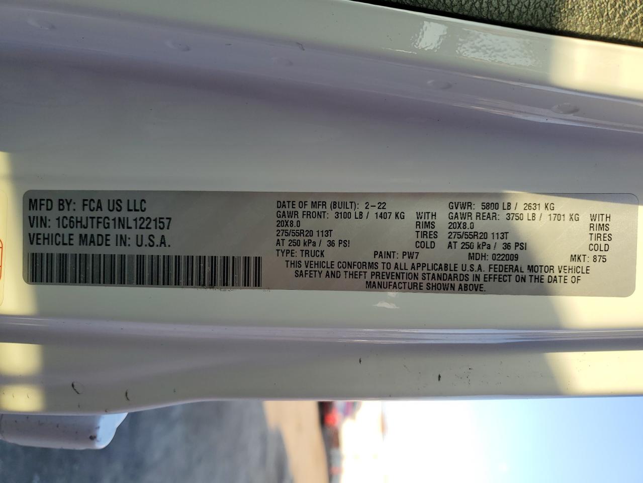 2022 JEEP GLADIATOR OVERLAND VIN:1C6HJTFG1NL122157