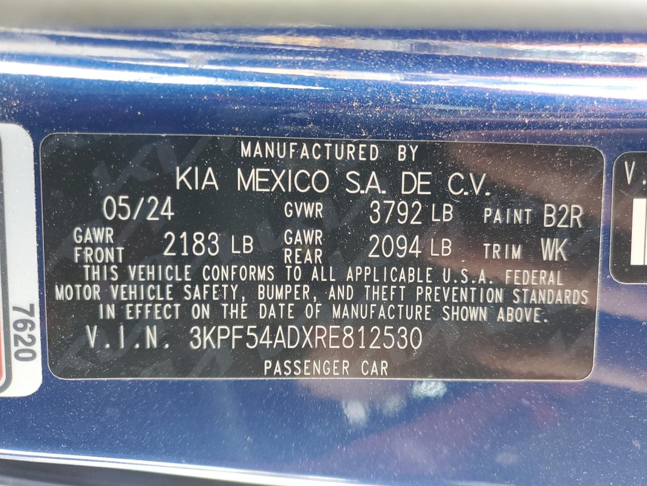 2024 KIA FORTE GT LINE VIN:3KPF54ADXRE812530