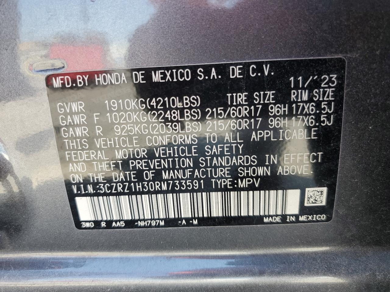2024 HONDA HR-V LX VIN:3CZRZ1H30RM733591