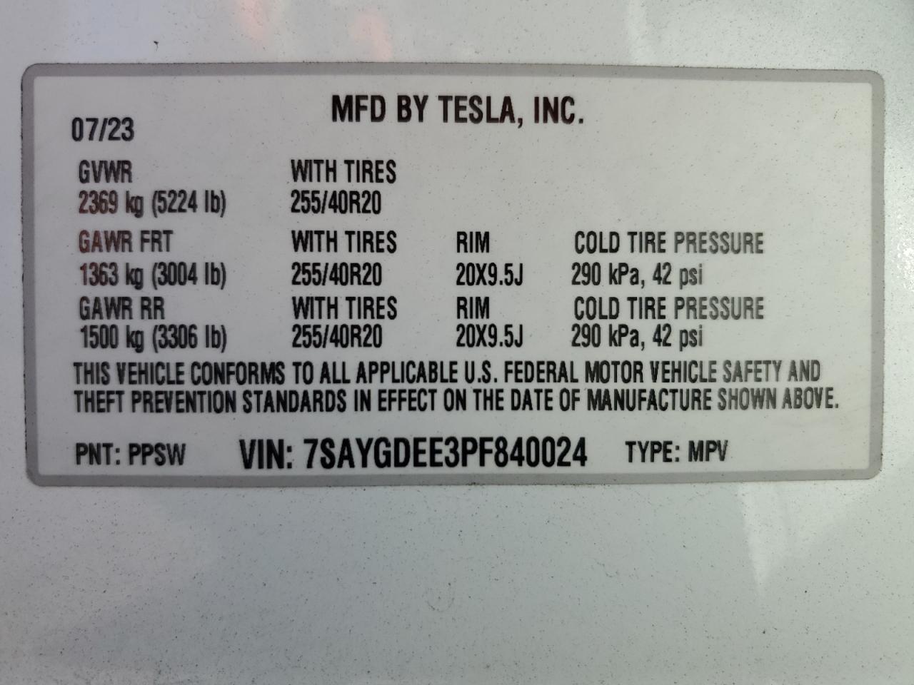 2023 TESLA MODEL Y VIN:7SAYGDEE3PF840024