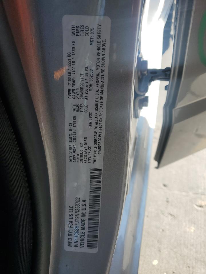 2022 RAM 1500 LARAMIE VIN:1C6SRFJT9NN363702