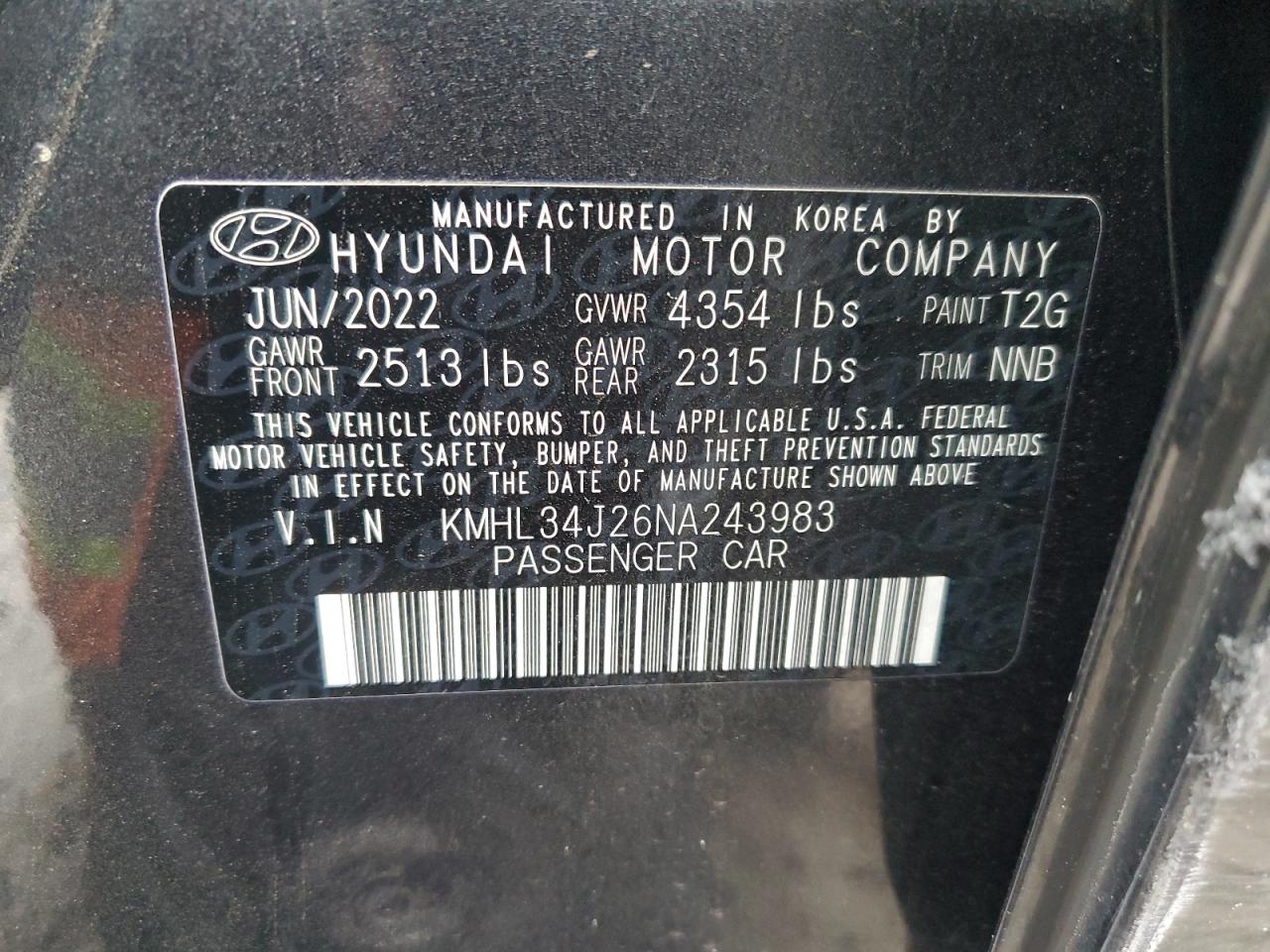 2022 HYUNDAI SONATA LIMITED VIN:KMHL34J26NA243983