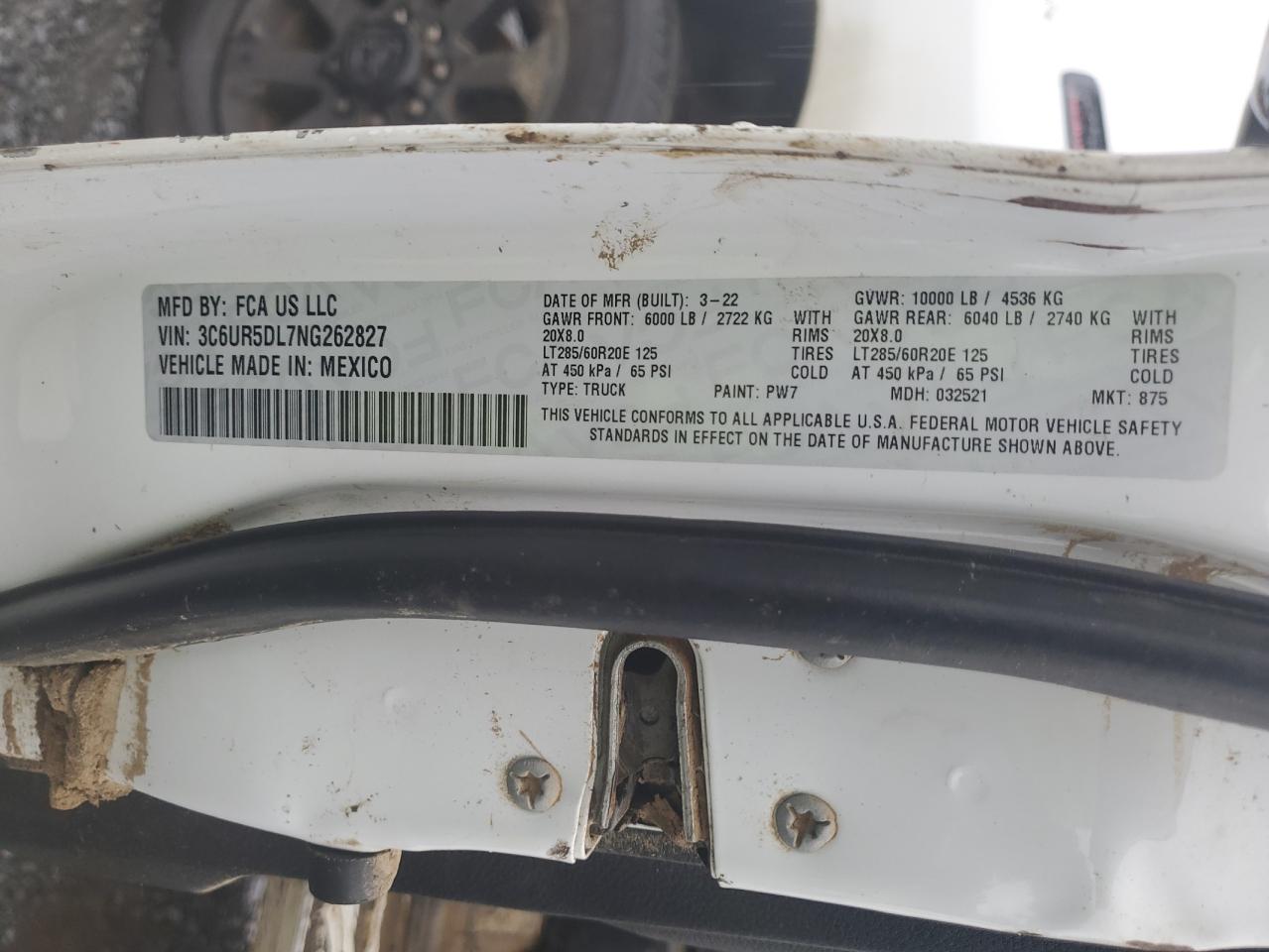 2022 RAM 2500 BIG HORN/LONE STAR VIN:3C6UR5DL7NG262827