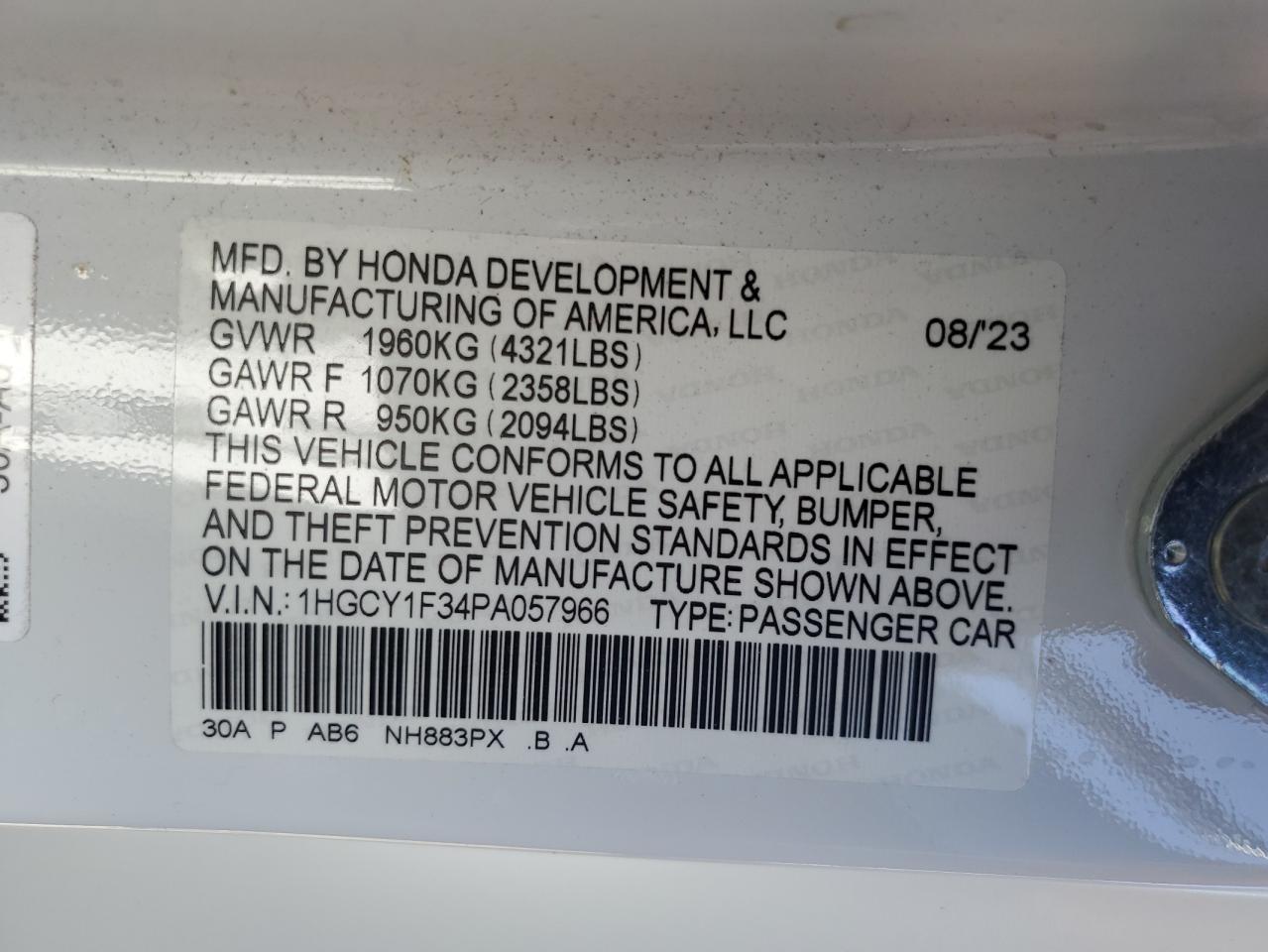 2023 HONDA ACCORD EX VIN:1HGCY1F34PA057966