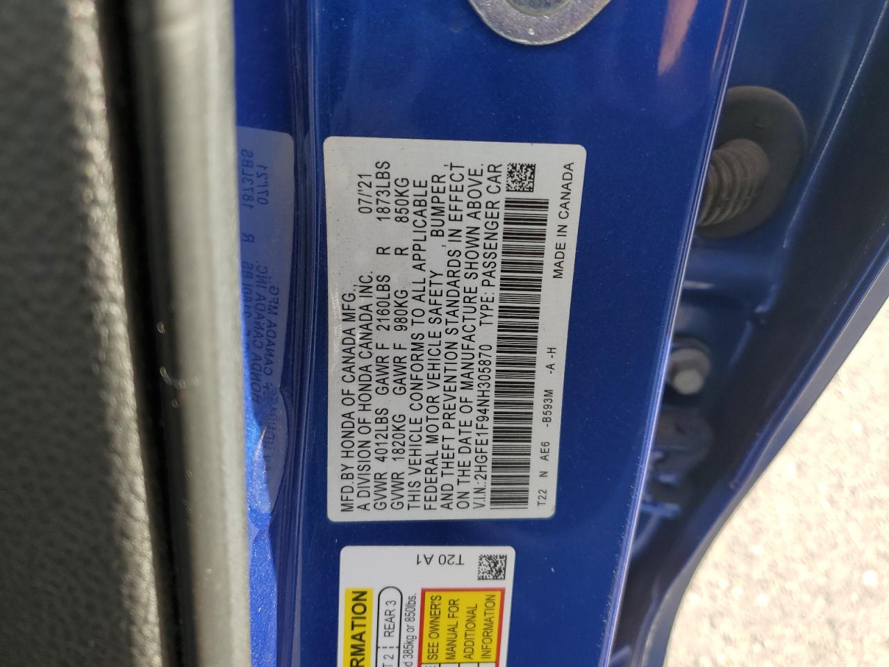 2022 HONDA CIVIC TOURING VIN:2HGFE1F94NH305870