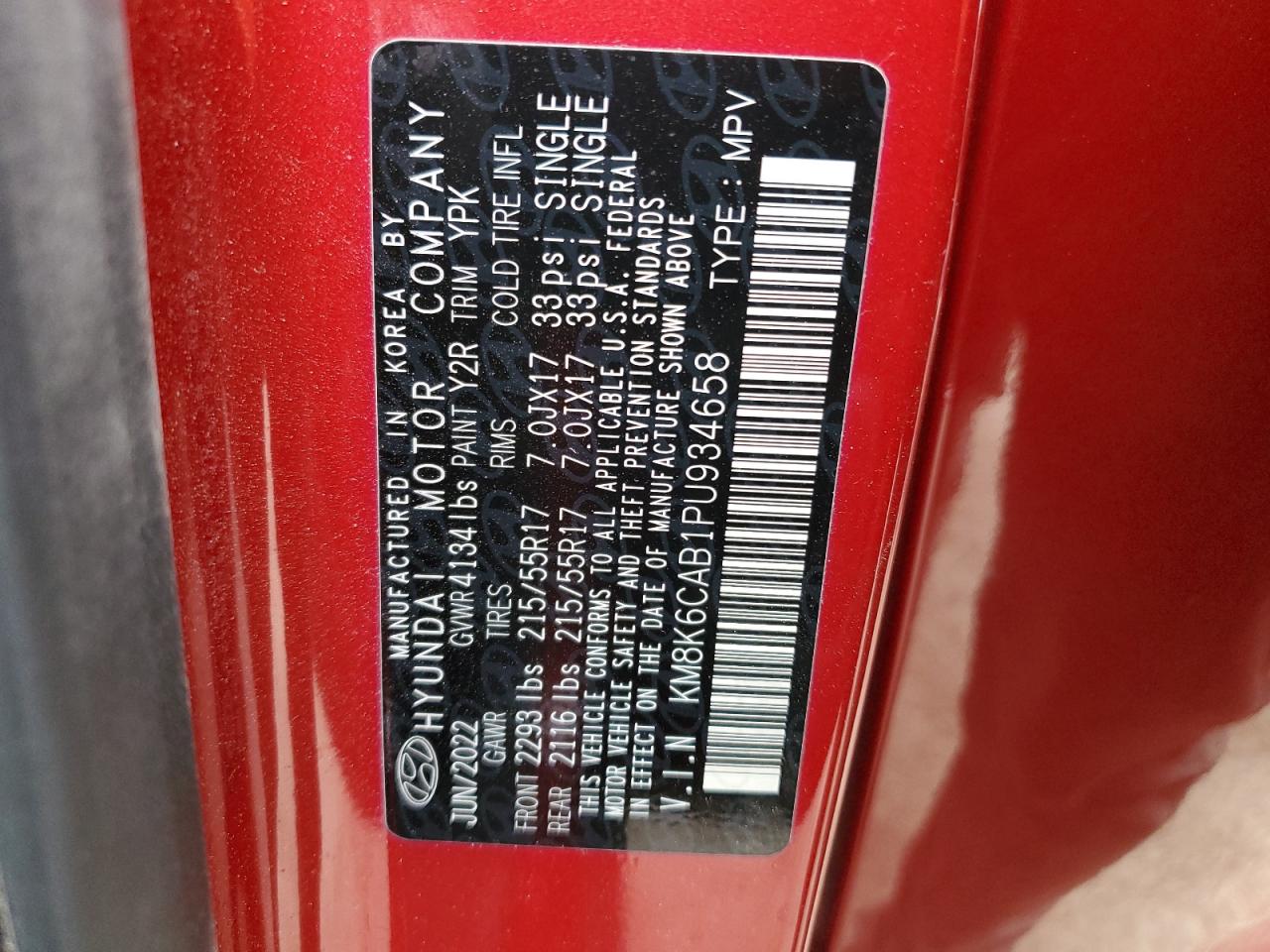 2023 HYUNDAI KONA SEL VIN:KM8K6CAB1PU934658