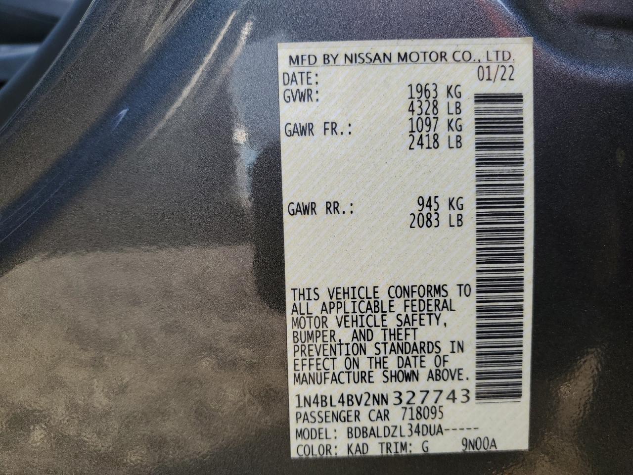 2022 NISSAN ALTIMA S VIN:1N4BL4BV2NN327743