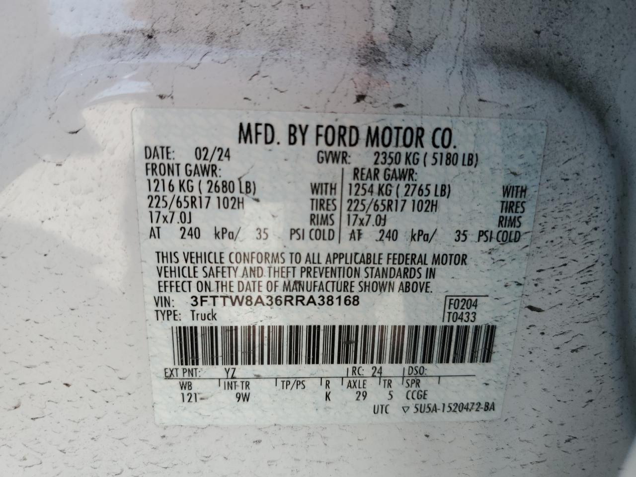 2024 FORD MAVERICK XL VIN:3FTTW8A36RRA38168