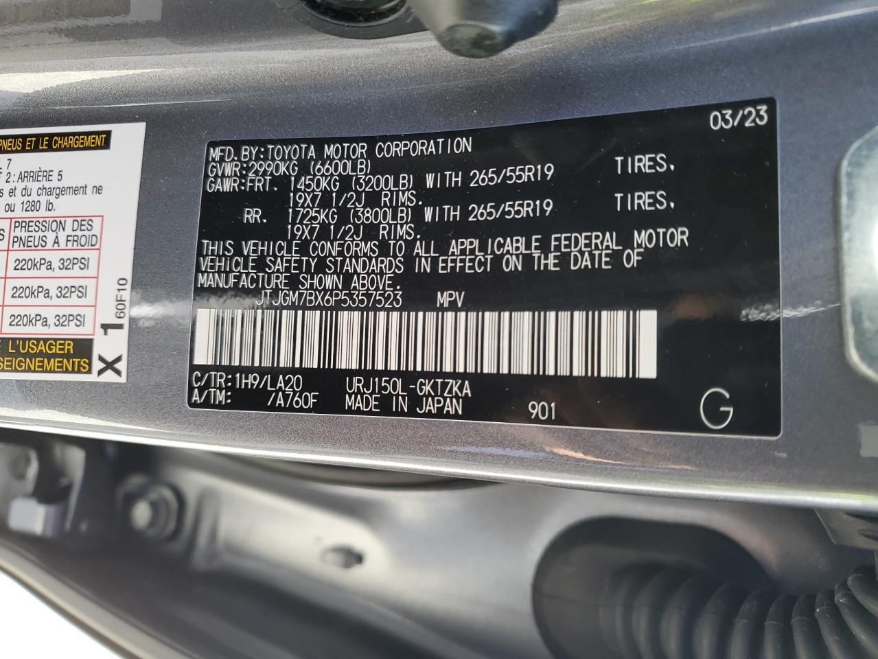 2023 LEXUS GX 460 LUXURY VIN:JTJGM7BX6P5357523