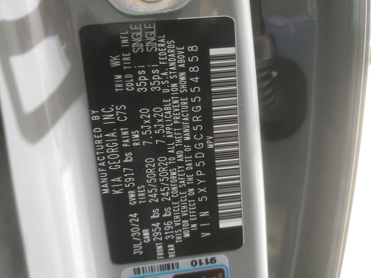 2024 KIA TELLURIDE SX VIN:5XYP5DGC5RG554858