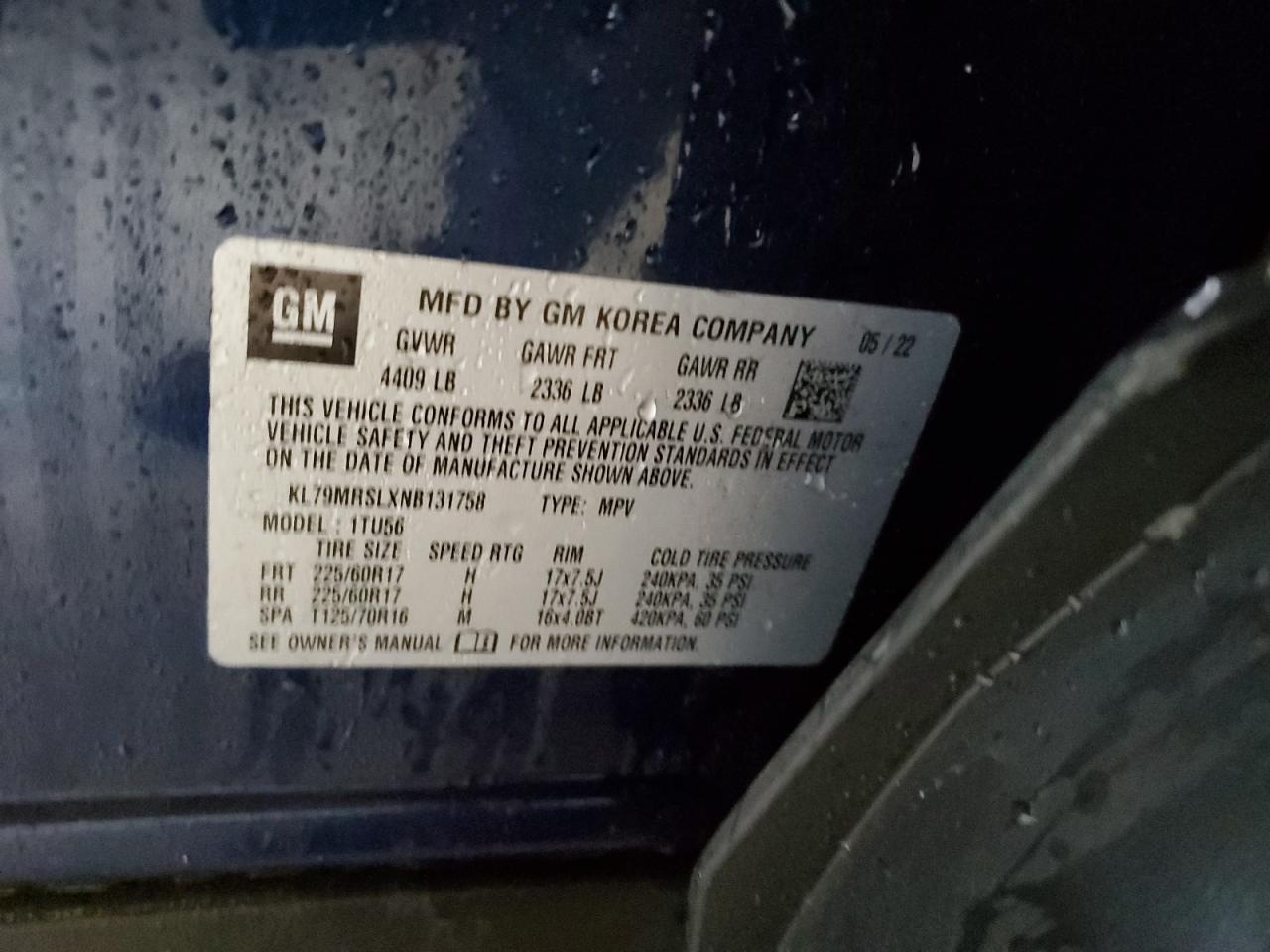 2022 CHEVROLET TRAILBLAZER LT VIN:KL79MRSLXNB131758