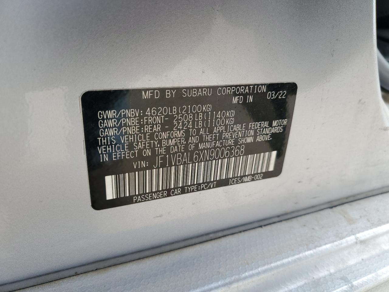 2022 SUBARU WRX LIMITED VIN:JF1VBAL6XN9006368