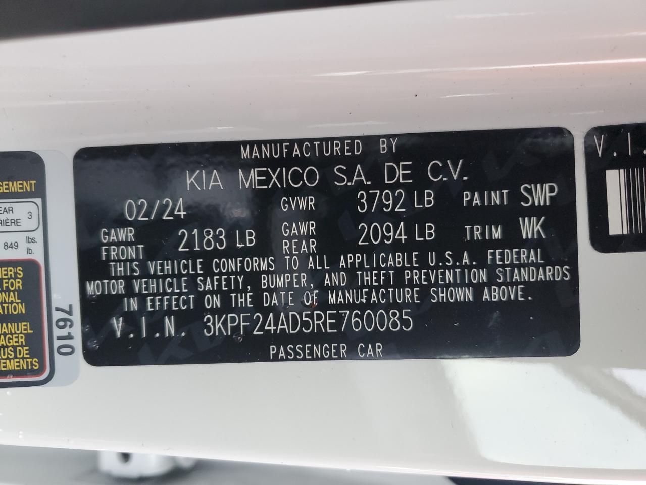 2024 KIA FORTE LX VIN:3KPF24AD5RE760085