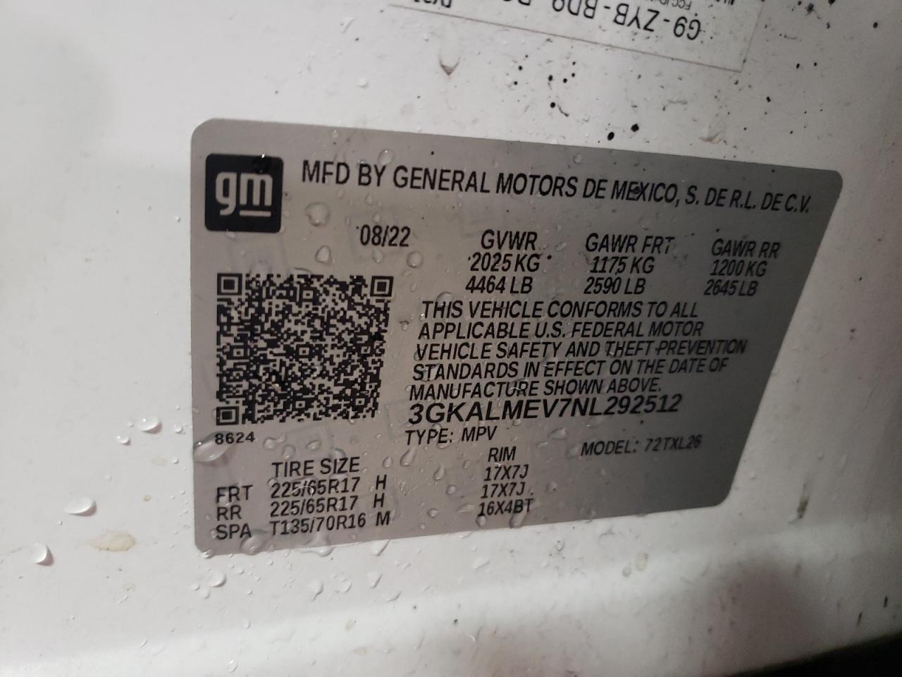 2022 GMC TERRAIN SLE VIN:3GKALMEV7NL292512