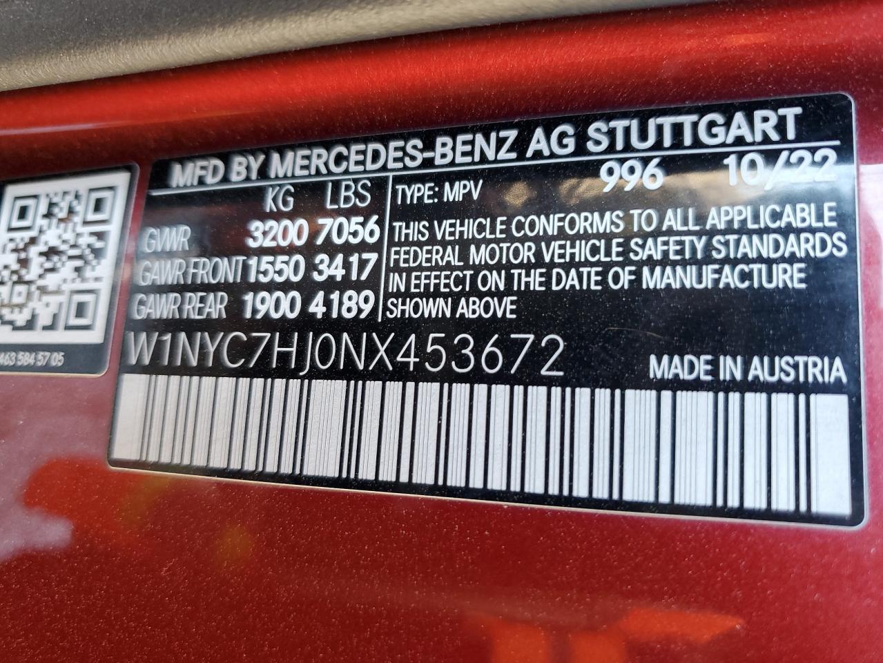 2022 MERCEDES-BENZ G 63 AMG VIN:W1NYC7HJ0NX453672