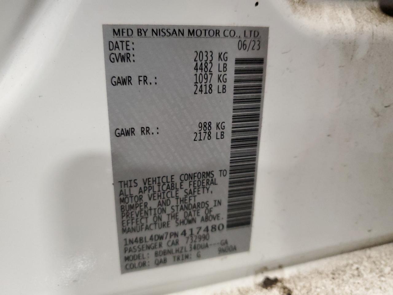 2023 NISSAN ALTIMA SV VIN:1N4BL4DW7PN417480
