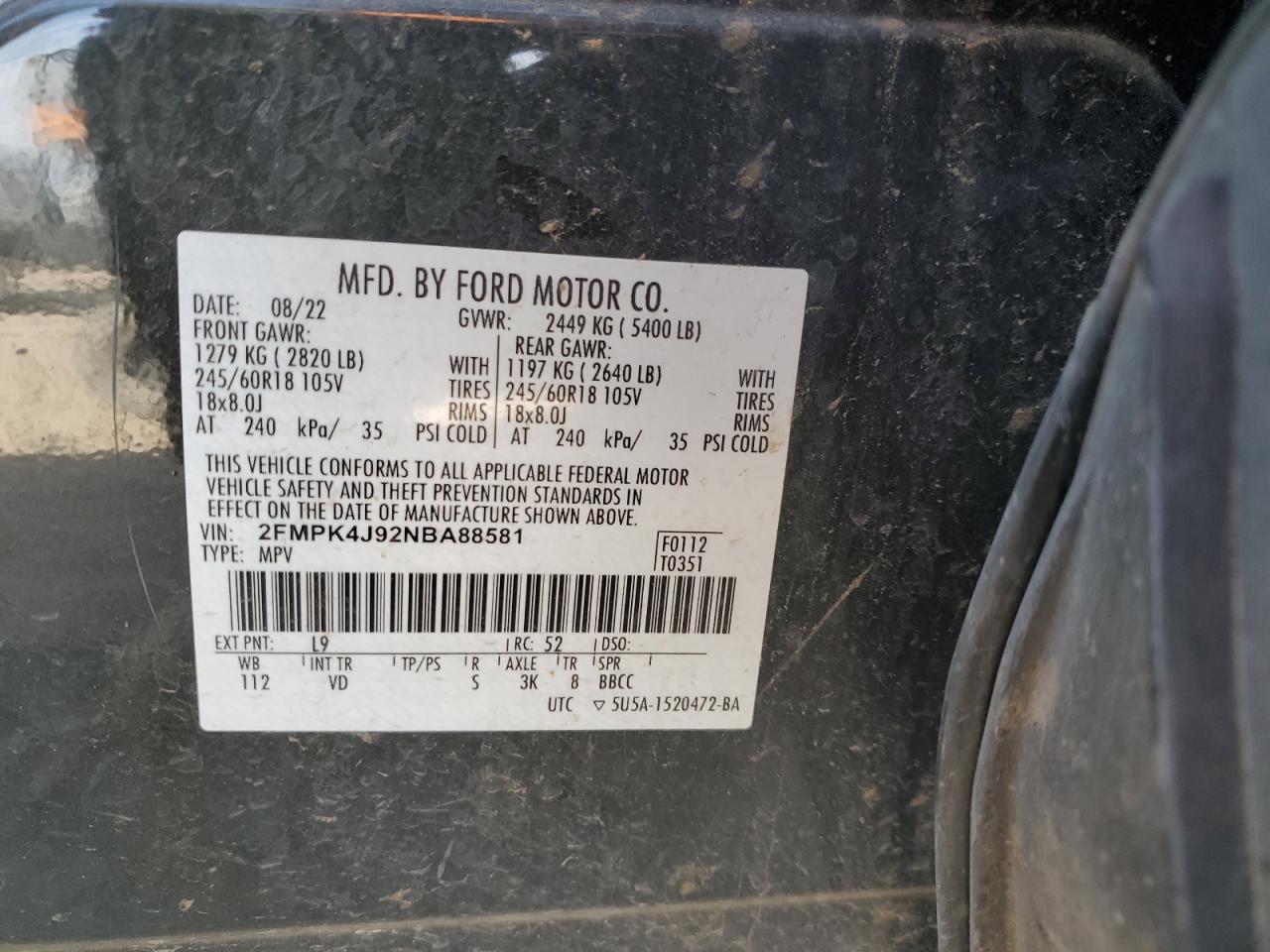 2022 FORD EDGE SEL VIN:2FMPK4J92NBA88581