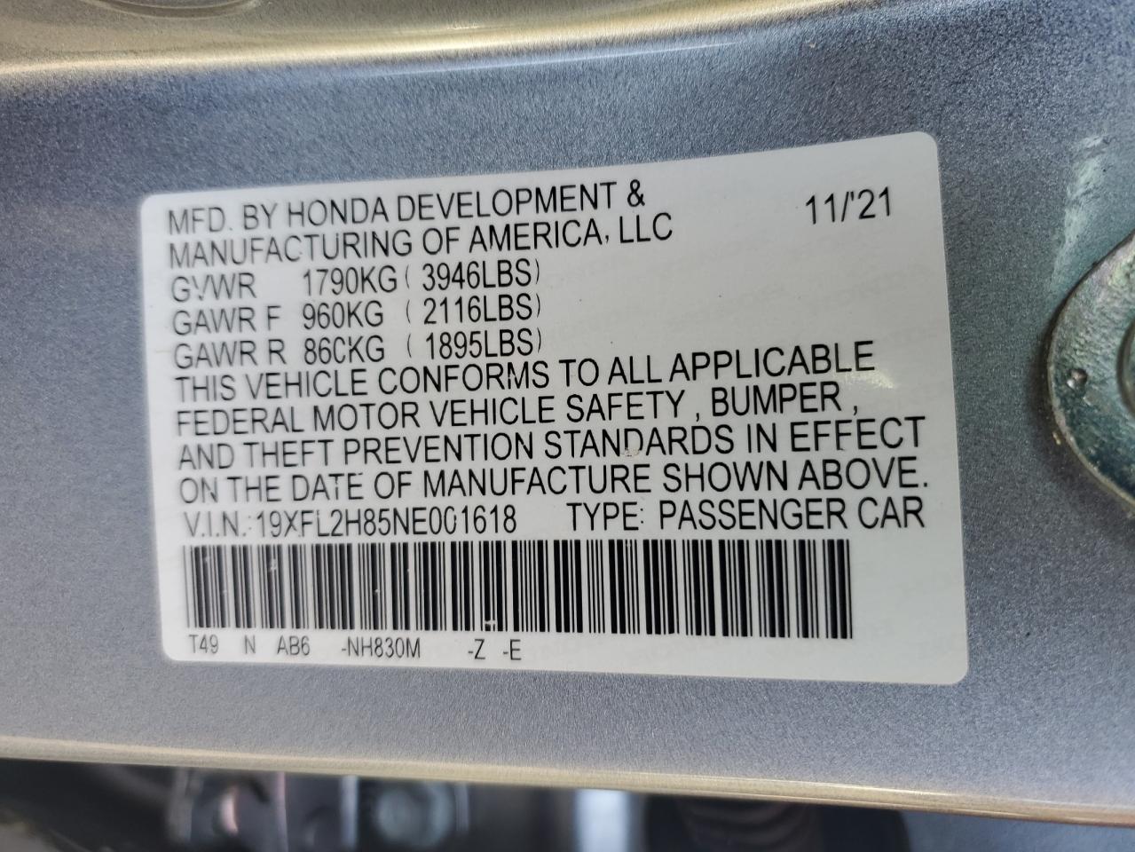 2022 HONDA CIVIC SPORT VIN:19XFL2H85NE001618