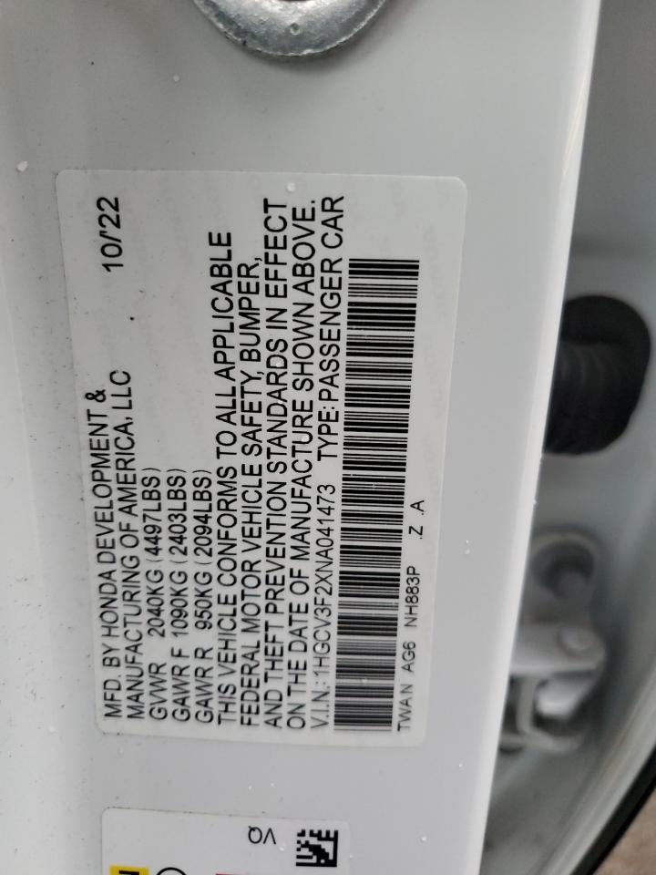 2022 HONDA ACCORD HYBRID SPORT VIN:1HGCV3F2XNA041473