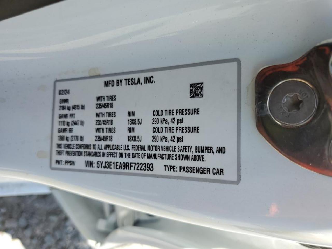2024 TESLA MODEL 3 VIN:5YJ3E1EA9RF722393