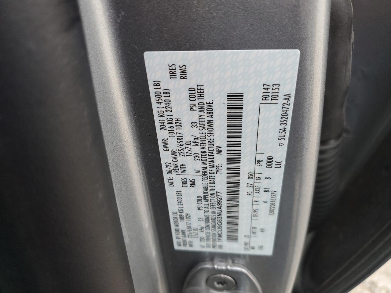2022 FORD ESCAPE SE VIN:1FMCU9G63NUA99277