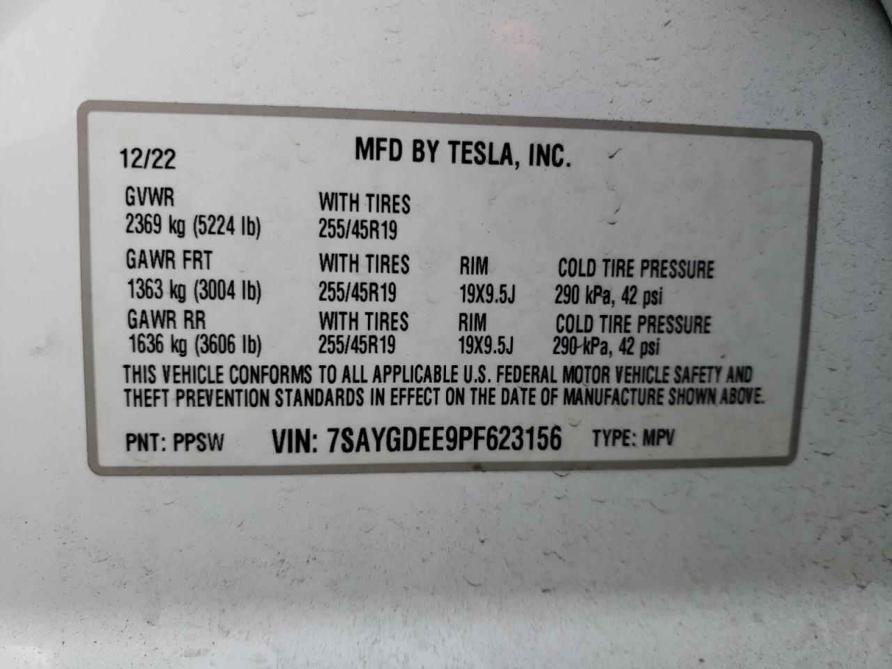 2023 TESLA MODEL Y VIN:7SAYGDEE9PF623156