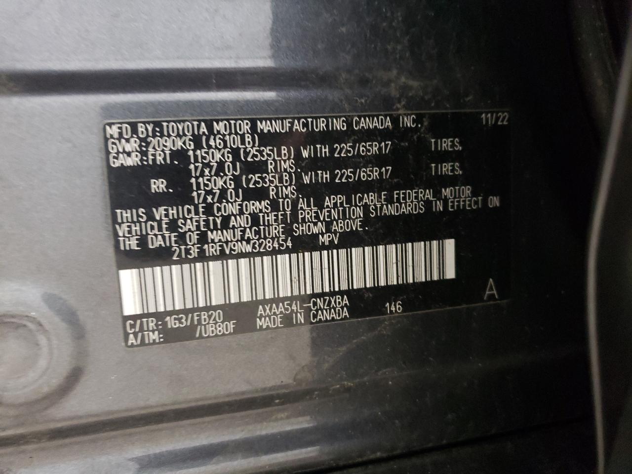 2022 TOYOTA RAV4 LE VIN:2T3F1RFV9NW328454