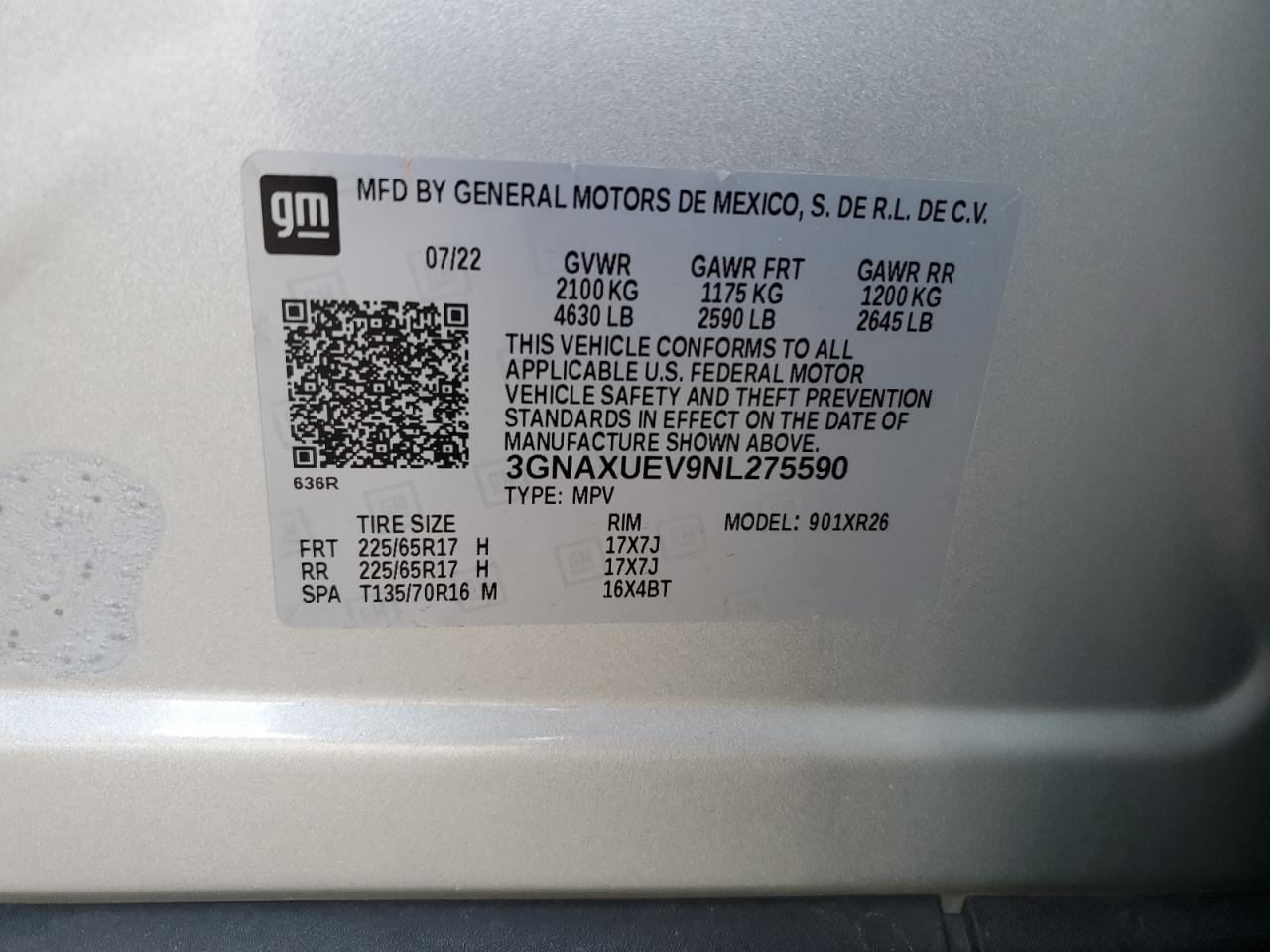 2022 CHEVROLET EQUINOX LT VIN:3GNAXUEV9NL275590