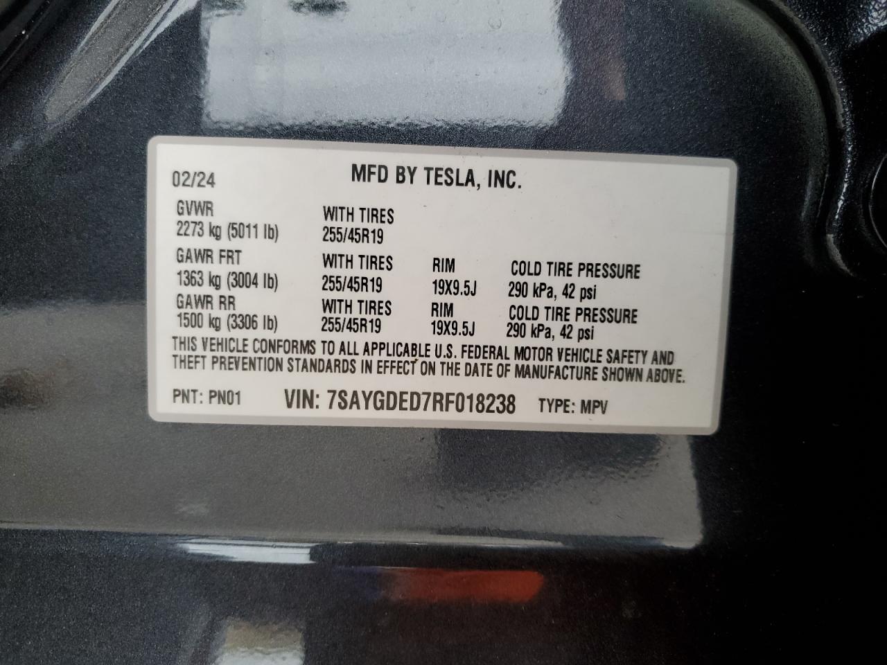 2024 TESLA MODEL Y VIN:7SAYGDED7RF018238