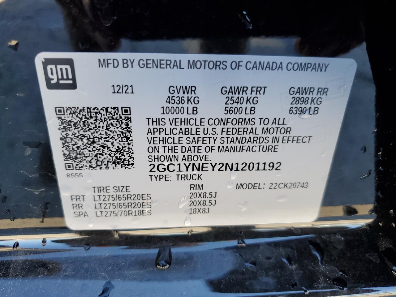 2022 CHEVROLET SILVERADO K2500 HEAVY DUTY LT VIN:2GC1YNEY2N1201192