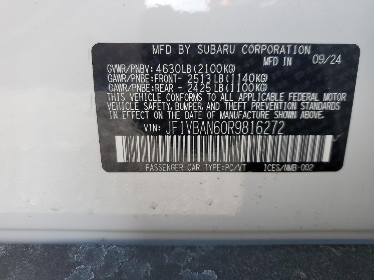 2024 SUBARU WRX LIMITED VIN:JF1VBAN60R9816272