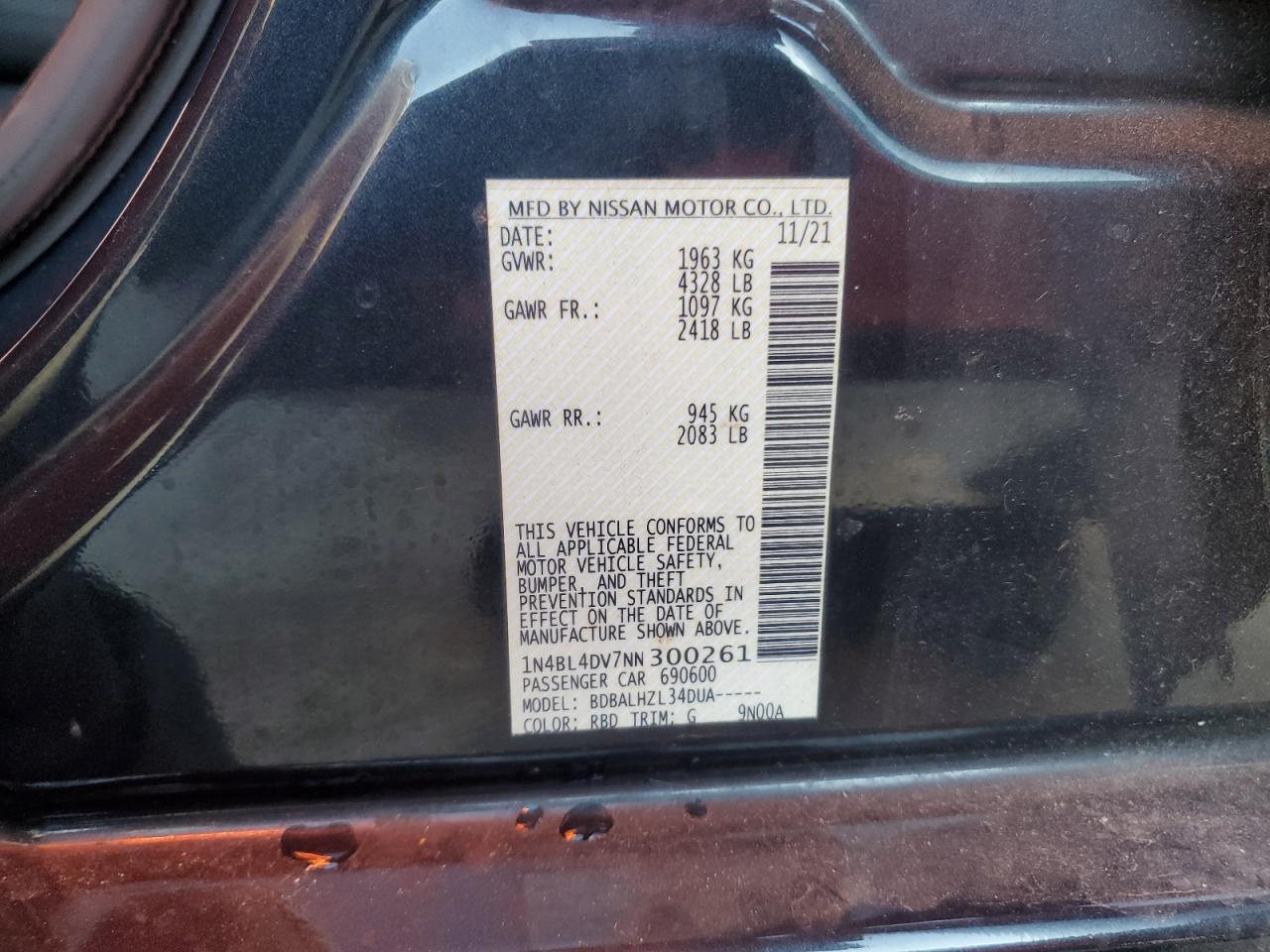 2022 NISSAN ALTIMA SV VIN:1N4BL4DV7NN300261