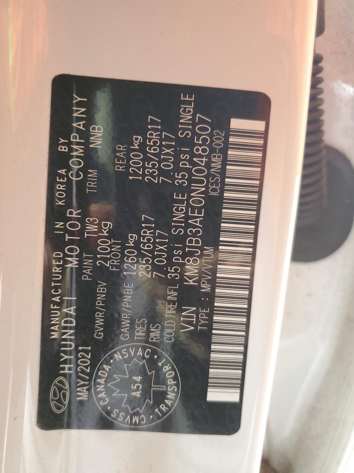 2022 HYUNDAI TUCSON SEL VIN:KM8JB3AE0NU048507