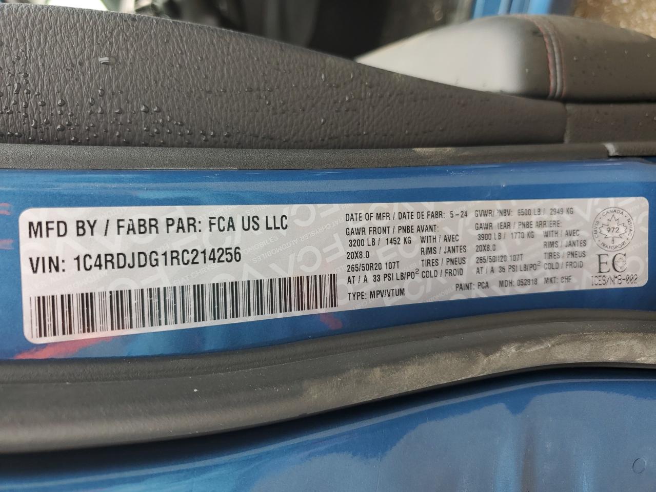 2024 DODGE DURANGO GT VIN:1C4RDJDG1RC214256