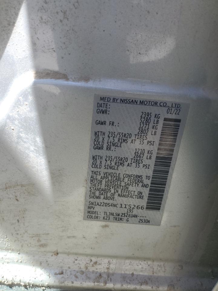 2022 NISSAN MURANO PLATINUM VIN:5N1AZ2DS4NC115266