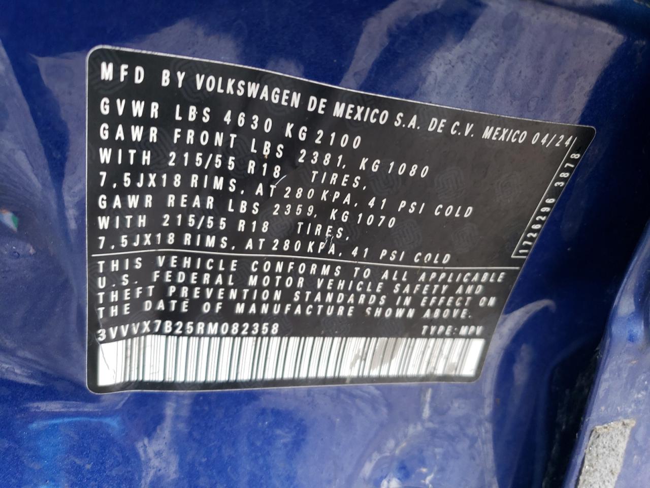 2024 VOLKSWAGEN TAOS SE VIN:3VVVX7B25RM082358